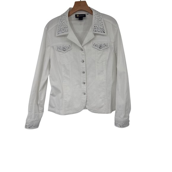 Christine Alexander Womens White Denim Jacket crystal Embellishments size XL - Picture 1 of 5